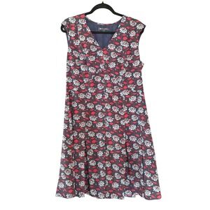 $229 Brooks Brothers Navy Blue Floral V-Neck Pleated A-Line Dress Sz 14 Cottage